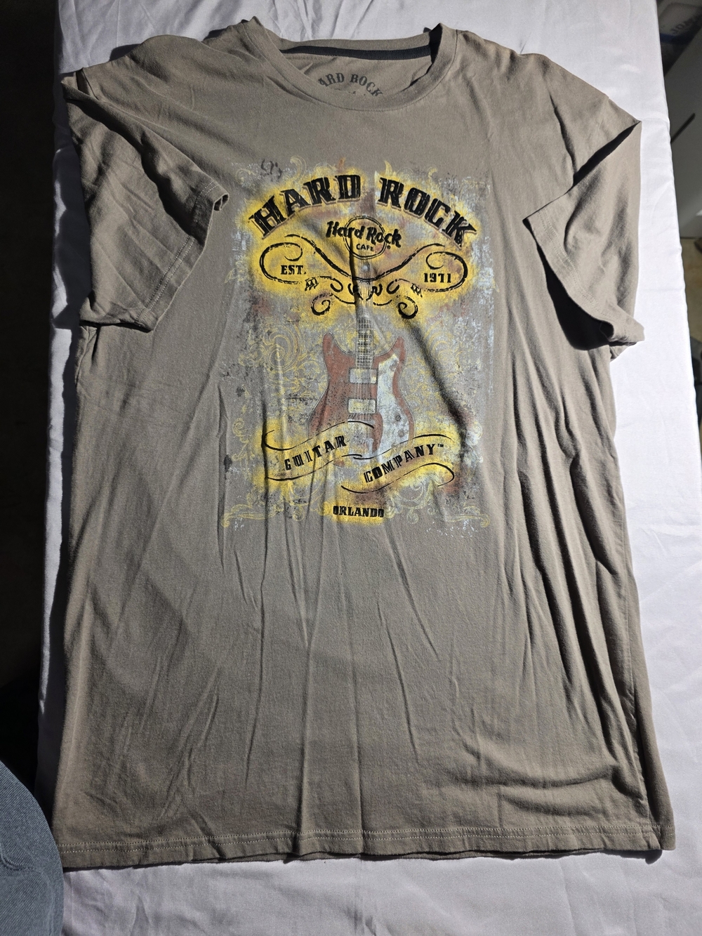 Hard Rock Cafe Short Sleeve Graphic Tee - Tan with Yellow and Black Print